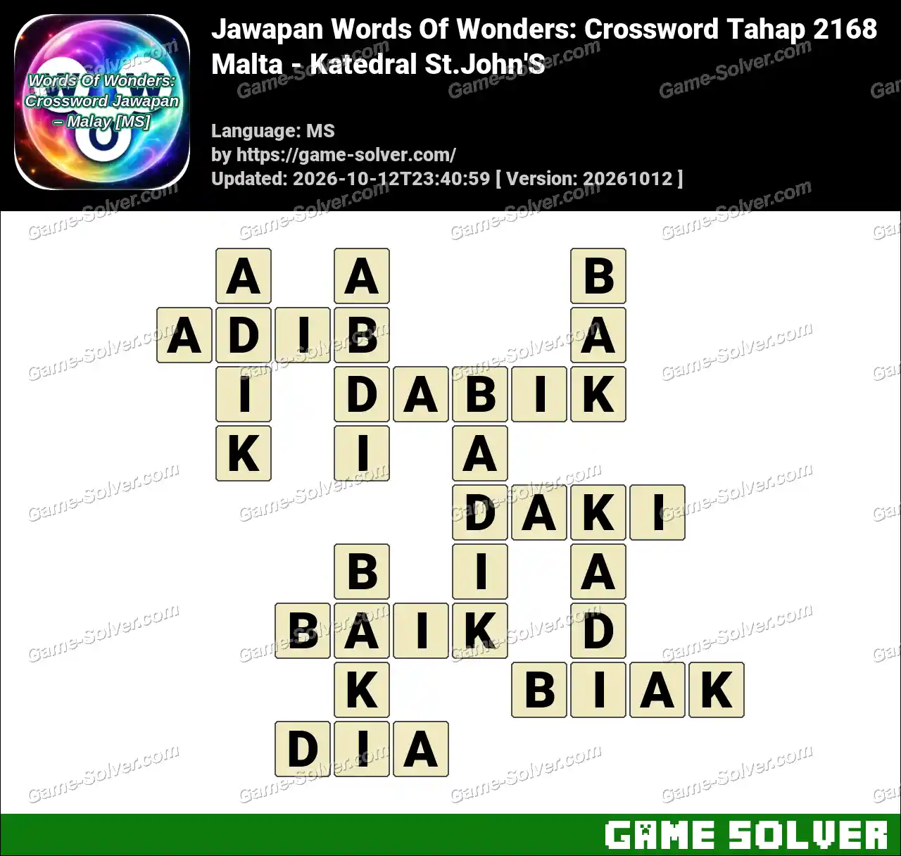 Jawapan Words Of Wonders: Crossword Tahap 2168 – Malta – Katedral St.John’S